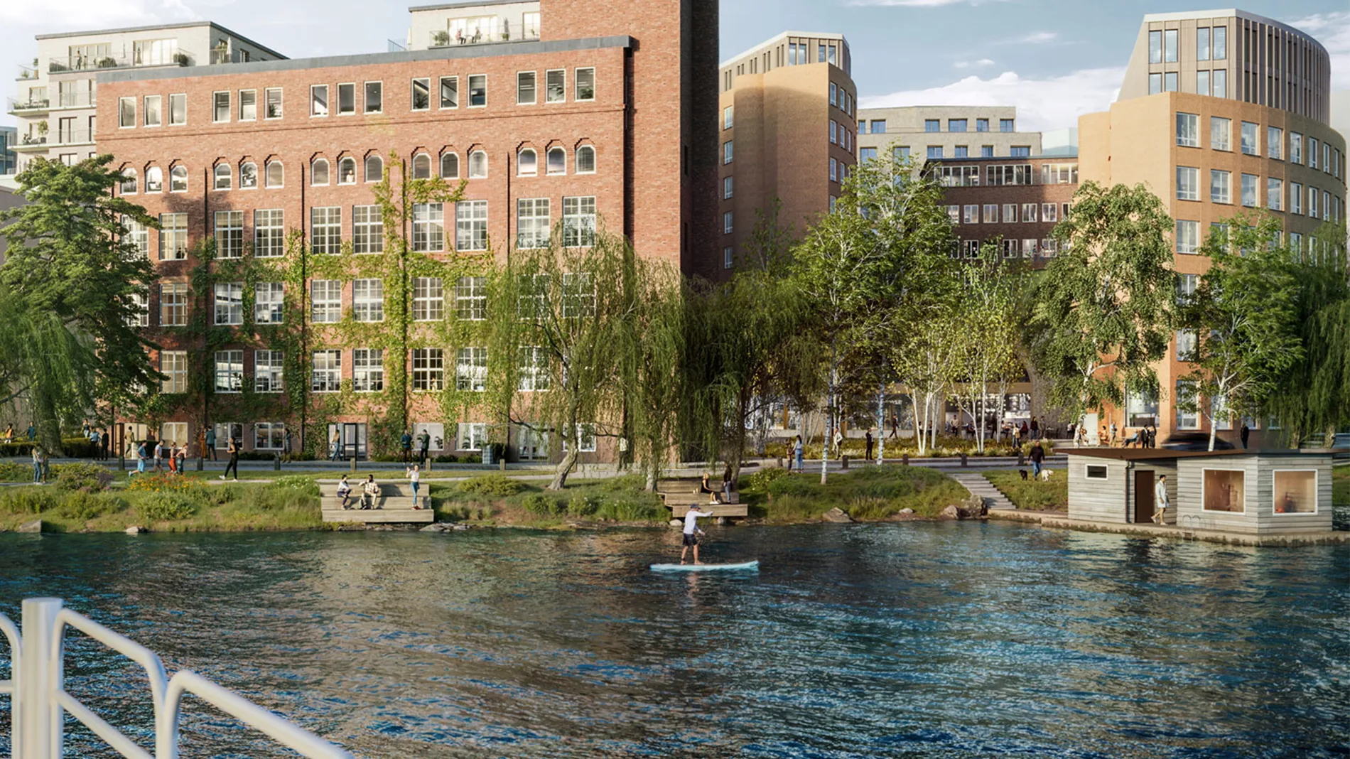Visionsbild av Alviks strand sett från vattnet med människor som gör olika aktiviteter vid strandkanten.